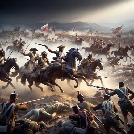 Batalla de Carabobo. Muestra a Simón Bolívar liderando a sus tropas Batalla de Carabobo. Muestra a Simón Bolívar liderando a sus tropas