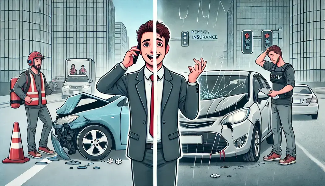 persona feliz después de un accidente porque renovó su seguro de coche y otra triste porque no lo hizo 